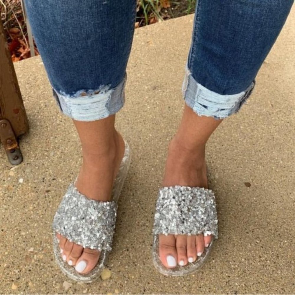 !!RESTOCKED!! Embellished Sparkle Slides - Silver - Picture 5 of 6